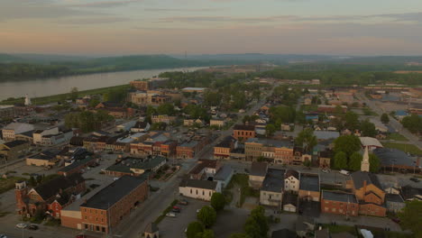 Beautiful-aerial-landscape-of-town-of-Lawrenceburg,-Indiana-early-in-the-morning-on-a-pretty-day-in-summer