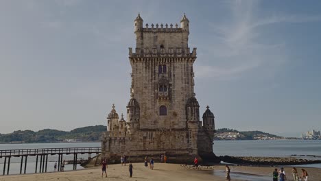 Facade-of-the-tower-de-Belem-on-the-bank-of-the-Tagus-river,-Lisbon,-Portugal