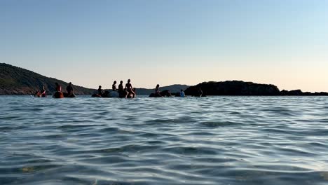 Touristen-Im-Urlaub-Genießen-In-Der-Sommersaison-Auf-Korsika,-Frankreich,-Pferde-Im-Meerwasser