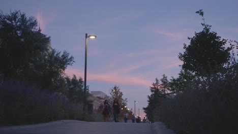 Menschen-Gehen-Die-Straße-Entlang,-Während-Die-Sonne-In-Madrid-Aufgeht