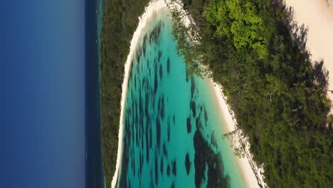 Narrow-white-sand-tropical-island,-New-Caledonia,-vertical-aerial-parallax