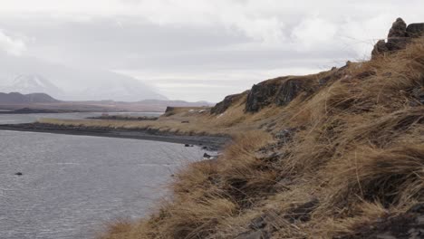 Vista-Superior-Desde-El-Acantilado-De-La-Costa-En-La-Playa-De-Arena-Negra-Durante-El-Día-Ventoso,-Islandia