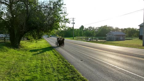 Caballo-Amish-Y-Buggy-En-La-Carretera-Rural-Durante-La-Puesta-De-Sol
