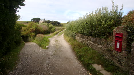Country-Lane,-with-old-postbox-in-Stonewall-at-Bessy's-Cove,-The-Enys,-cornwall