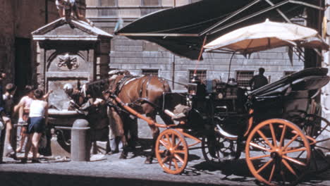 Kutschpferd,-Umgeben-Von-Touristen-Auf-Einer-Straße-In-Der-Innenstadt-Von-Rom-In-Den-1960er-Jahren