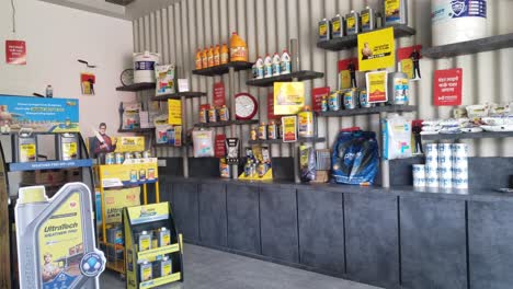 Shelf-display-of-Ultratech-Water-Proofing-Chemicals-Used-For-RCC-And-Building-Construction-Work-At-The-Shop