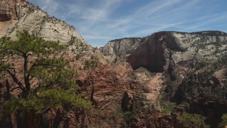 Using-a-drone,-capture-the-perspective-of-Zion-National-Park,-starting-from-ground-level-and-showcasing-its-rocks-and-landscape-from-above