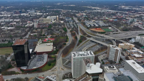Bird-eye-view-of-Downtown-Atlanta-cityscape,-road,-transportation,-Georgia,-USA
