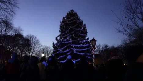 A-Christmas-tree-being-lit-up-for-the-holidays-in-a-suburban-city-in-the-USA