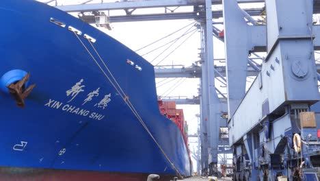 Cargo-ship-docked-at-Karachi-Port-Trust,-Pakistan