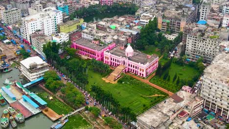 Aerial-view-of-Ahsan-Manzil,-pink-palace-in-Dhaka-city,-Bangladesh