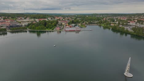 Aerial-establisher-city-Motala-in-Sweden,-beautiful-urban-scandinavian-skyline