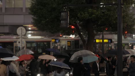 El-Semáforo-Del-Cruce-De-Peatones-Se-Pone-Rojo-Y-La-Gente-Camina-Rápidamente,-Shibuya-Por-La-Noche,-Tokio,-Japón