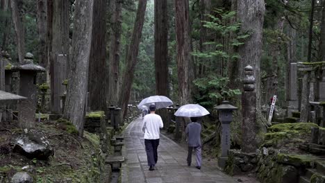 Paar-Mit-Regenschirmen-Geht-Den-Weg-Auf-Dem-Okunoin-Friedhof-In-Koya-san-Entlang