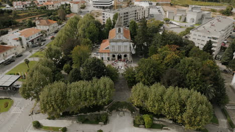 Aerial-view-of-Igreja-Matriz-church-in-Lousada,-Portugal
