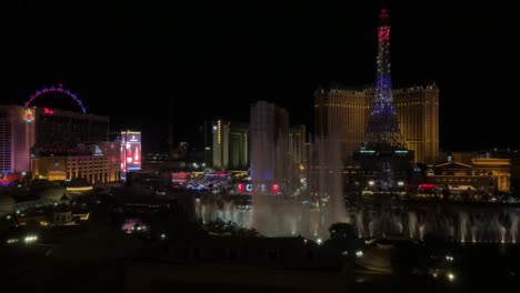 Bellagio-spectacular-water-fountain-show-at-nighttime-with-Paris-hotel-lighting-up