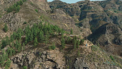 Aerial-view-in-orbit-over-mountain-structures-and-pine-forest-in-Los-Berrazales,-in-the-Agaete-valley,-Gran-Canaria-island