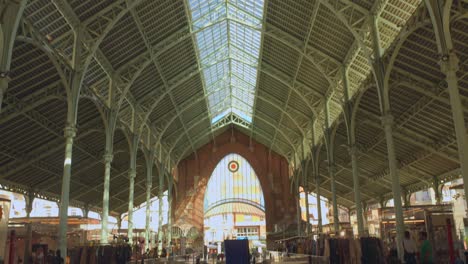 Tilt-shot-of-the-roof-structure-of-Colón-Market,-in-Valencia,-Spain.