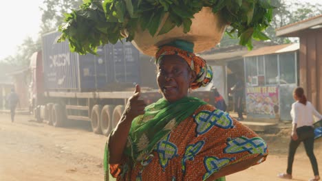 Schöne-Afrikanische-Frau-In-Orangefarbenem-Kleid-Lächelt-Und-Balanciert-Einen-Korb-Voller-Grünpflanzen-Auf-Dem-Kopf