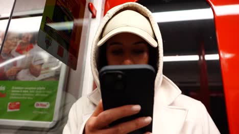 Woman-wear-hoodie-and-cap-sit-in-moving-subway-wagon-and-scroll-smartphone