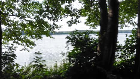 View-of-Lake-Jezioro-Gwiazdy-moving-behind-trees-in-Kaszuby,-Pomeranian-Voivodeship,-Poland