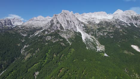 Alps-Majestic-Mountains-in-Summer,-Verdant-Green-Forests,-and-Rocky-Outcrops-Create-a-Harmonious-Composition-of-Natural-Beauty-in-Albania