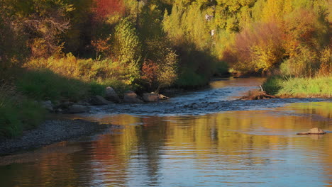 Klares-Wasser-Eines-Flusses-Mit-Reflexionen-Im-Herbst-Bei-Sonnenuntergang
