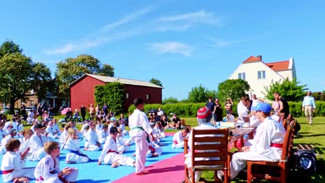 Niños-De-Taekwondo-Entregan-Nuevos-Cinturones-De-Taekwondo-Durante-Una-Ceremonia-Al-Aire-Libre