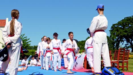 Los-Niños-De-Taekwondo-Practican-Patadas-Hacia-El-Cuerpo-Del-Oponente-Durante-El-Entrenamiento-Al-Aire-Libre.