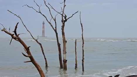 Dead-trees-getting-washed-over-by-waves-and-a-red-striped-lighthouse-in-the-background-on-Folly-Island,-South-Carolina