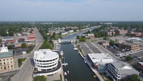 Downtown-Port-Huron,-Michigan,-USA-with-Huntington-bank-in-sight,-aerial