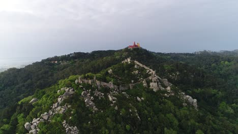 Castle-of-the-Moors,-Pena-in-Sintra,-Portugal,-Europe,-4k-aerial-view