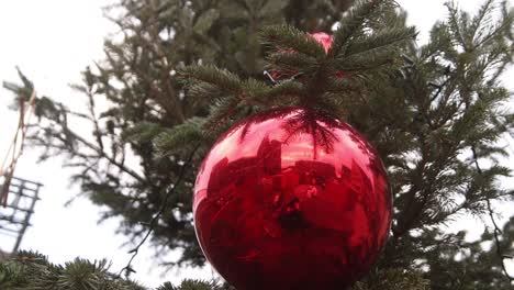 Giant-red-ball-ornament-with-a-reflection-on-a-christmas-tree-in-Strabourg,-France-at-a-Festive-Christmas-market-in-Europe