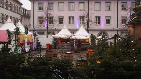 rows-of-lit-christmas-trees-at-a-market-square-in-heidelberg,-germany-at-a-Festive-Christmas-market-in-Europe