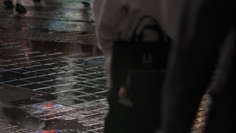 Crowd-of-People-Crossing-Street-and-Advertisement-Billboard-Reflection,-Shibuya-Crossing-at-Night,-Tokyo,-Japan