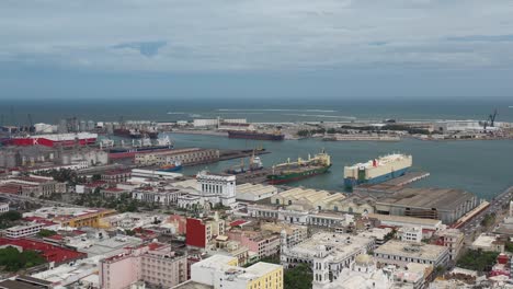 Aerial-Overlooking-the-historic-downtown-of-Veracruz,-Mexico,-this-vista-captures-the-vibrant-port's-synergy-of-commerce-and-culture
