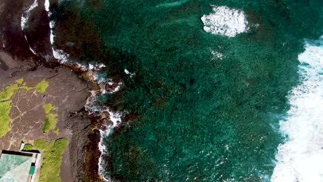 Aerial-along-rocky-coast-by-Punalu’u-Beach-on-Hawaii-island,-tilt-up