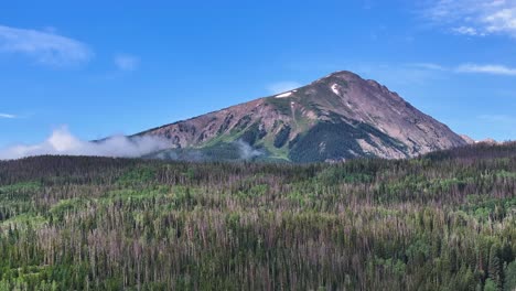 dramatic-viewpoint-of-buffalo-mountain-in-silverthorne-colorado-on-a-sunny-day-with-clouds-and-snow-on-the-mountains-AERIAL-TRUCKING-PAN