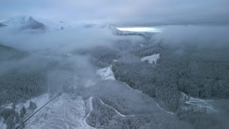 Nebel-Umhüllte-Winterwald--Und-Berglandschaft-Im-Morgengrauen