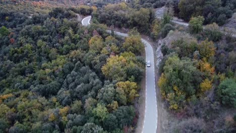 Aerial-view-car-driving-on-Pyrenees-mountain-road-in-forest