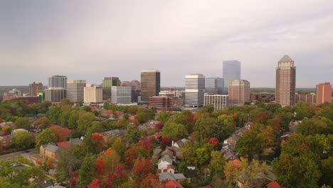 Beautiful-aerial-view-of-Clayton-skyline-with-houses-in-foreground-and-gorgeous-Fall-color