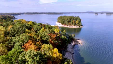 aerial-over-fall-colored-treetops,-lake-lanier-reservoir-in-georgia
