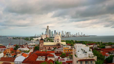 Aerial-drone-view-of-the-old-town-of-Cartagena-de-Indias-in-Colombia