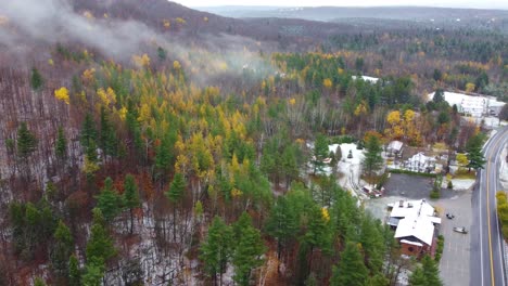 aerial-view-of-a-forested-area-with-a-road-and-a-building-at-the-bottom-of-the-hill