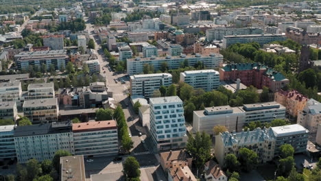 Wide-High-altitude-establishing-view-over-Vaasa-city-in-Finland