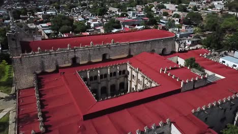 Flight-over-ex-convent-Santa-Maria-Magdalena-in-Cuitzeo,-Michoacan,-Mexico
