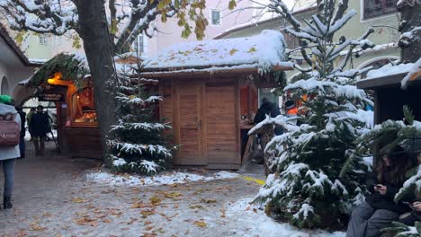 Winterweihnachtsmärkte-Mit-Verschneiten-Weißen-Tannenbäumen-Während-Der-Feiertage,-Europäische-Stadt