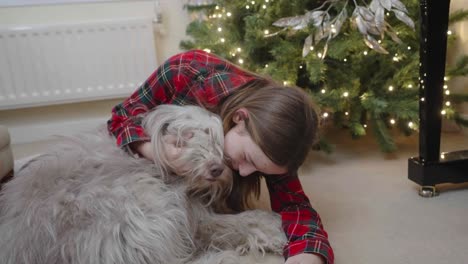 Slow-motion-footage,-furry-dog-and-young-female-owner-bonding-together