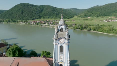 Aerial-Drone-Durnstien-Austria-Blue-Clock-tower