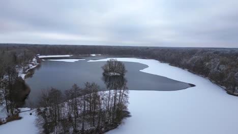 Winter-Schnee-Eis-See-Wald-Wald-Bewölkter-Himmel-Deutschland